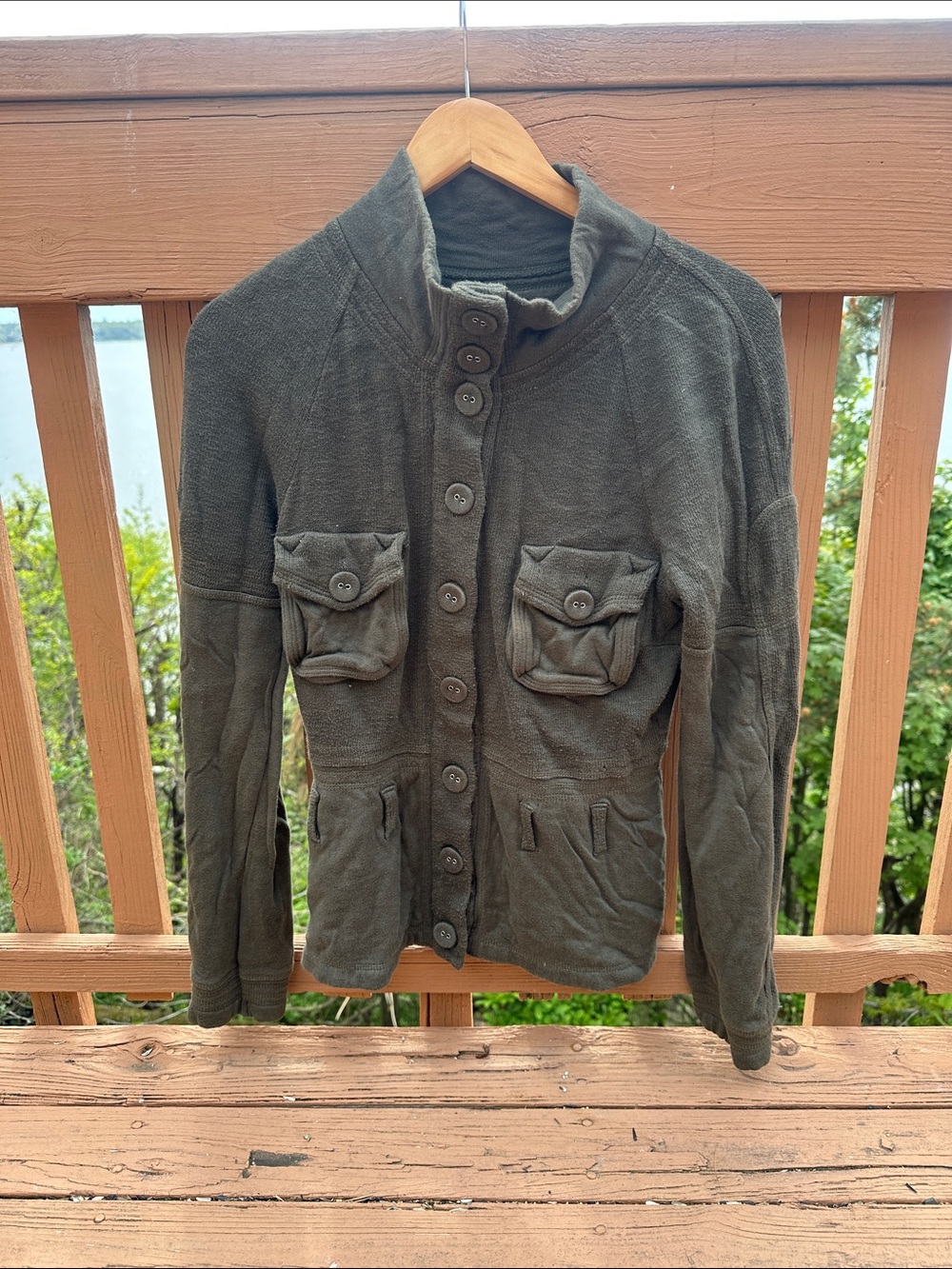 Free People Olive Green Button-Front Pocket Cardigan